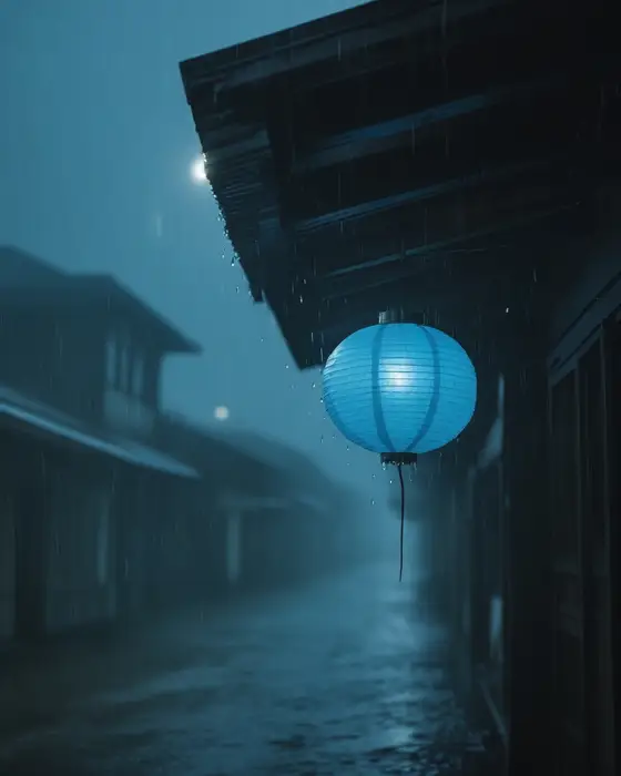A blue paper lantern burning in the rain