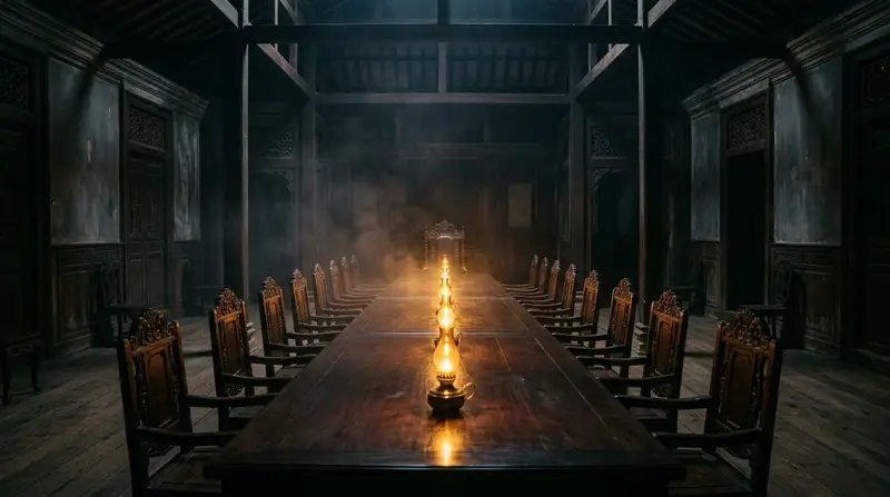 The long council table in lamplight, empty chairs drawn up