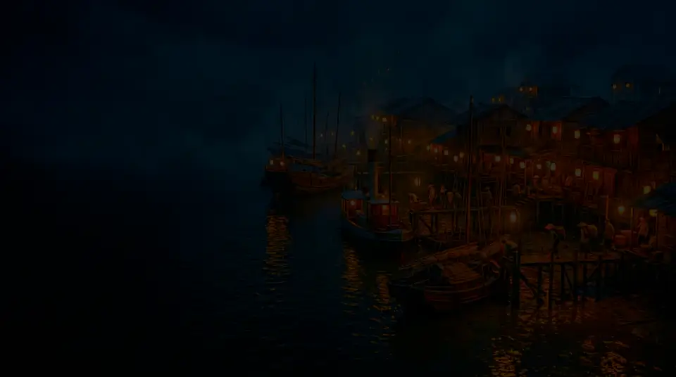 The river mouth of Kuala Kelam at night, stilt godowns and lanterns seen through rain