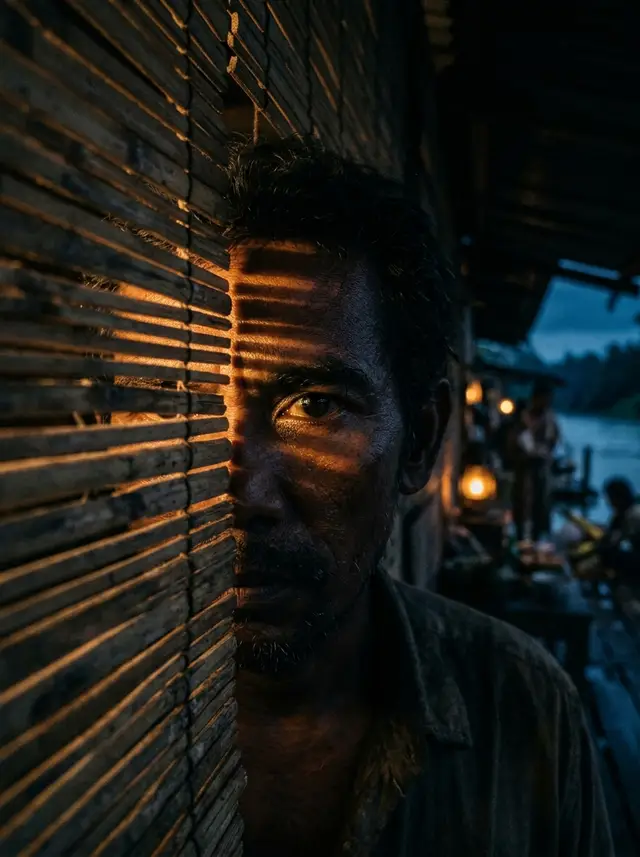 A Juru Risik watching through a gap in a bamboo blind