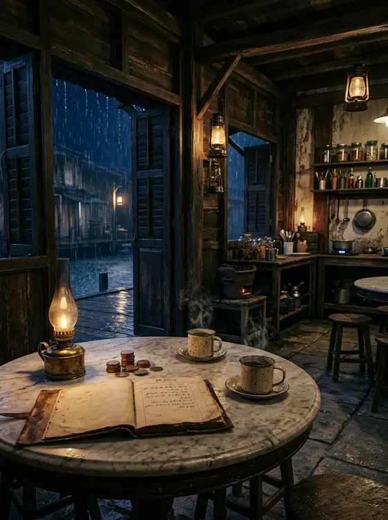 A lamp-lit coffee shop with an open ledger and copper coins