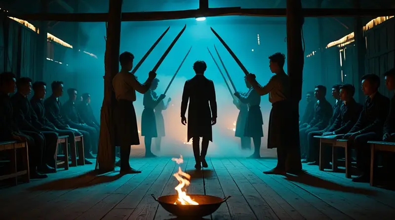 Crossed blades raised over a walking figure beside a fire bowl