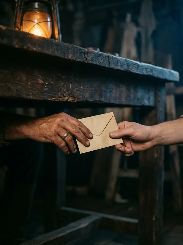 A sealed envelope passed beneath a table