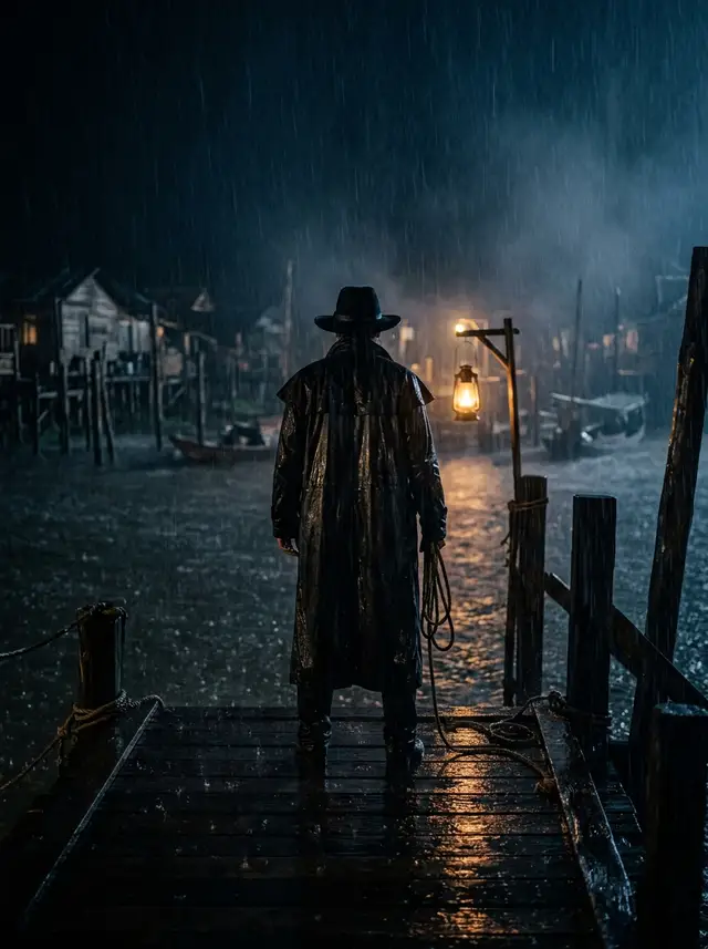 A Pendekar stands on a jetty in the rain