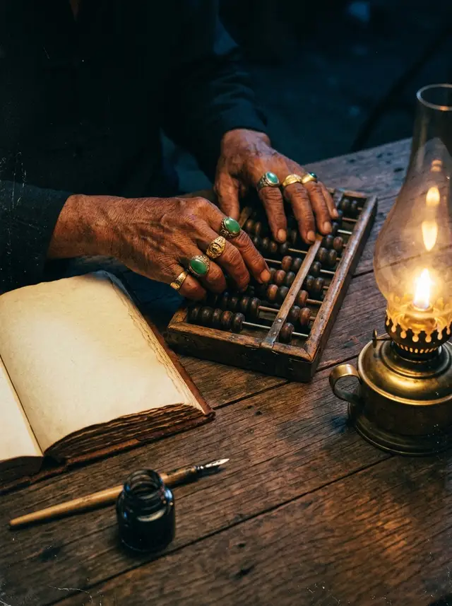 A Tauke's hands move over an abacus by lamplight