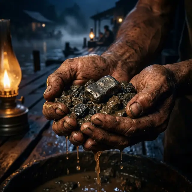 Weathered hands holding wet tin ore and a rough tin ingot by lamplight